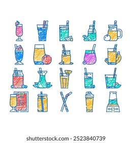 smoothie fruit juice drink doodle icons set vector. sketch line art beverage glass, fresh healthy, strawberry shake, cocktail summer, cup food smoothie fruit juice drink color illustrations