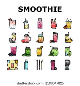 smoothie fruit juice food shake icons set vector. healthy fresh, glass strawberry, summer detox beverage, milk yogurt, sweet cocktail smoothie fruit juice food shake color line illustrations