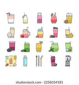 smoothie fruit juice food shake icons set vector. healthy fresh, glass strawberry, summer detox beverage, milk yogurt, sweet cocktail smoothie fruit juice food shake color line illustrations