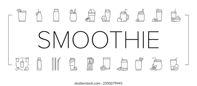 smoothie fruit juice food shake icons set vector. healthy fresh, glass strawberry, summer detox beverage, milk yogurt, sweet cocktail smoothie fruit juice food shake black contour illustrations