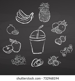 Smoothie and fruits. Illustration on chalkboard. Hand drawn healthy food sketch. Black and White Vector Drawing on Blackboard. 