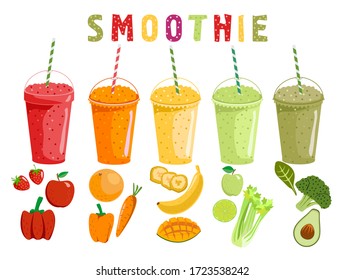 Smoothie fruits and vegetables. Cartoon smoothies in a flat style. Orange, strawberry, berry, banana and avocado smoothie. Organic fruit and vegetables shake. Vector illustration.