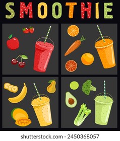 Smoothie fruits and vegetables. Cartoon smoothies in a flat style. Orange, strawberry, berry, banana and avocado smoothie. Organic fruit and vegetables shake. Vector illustration.