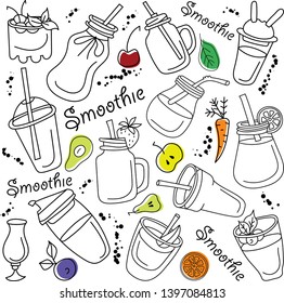 Smoothie and fruits,Vector set. Vector isolated Illustration on white background for smoothies menu, recipes and packages product 
