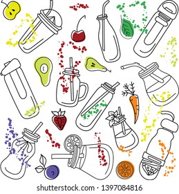 Smoothie and fruits,Vector set. Vector isolated Illustration on white background for smoothies menu, recipes and packages product 