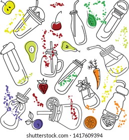 Smoothie and fruits,Vector set. Vector isolated Illustration on white background for smoothies menu, recipes and packages product 