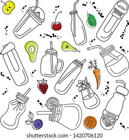 Smoothie and fruits,Vector set. Vector isolated Illustration on white background for smoothies menu, recipes and packages product 