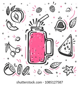 Smoothie in glass bottle with straws on white background. Fresh organic Smoothie ingredients. Superfoods and health or detox diet food concept in sketch style.