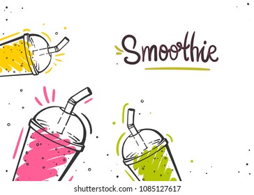 Smoothie in glass bottle with straws on white background. Fresh organic Smoothie ingredients.