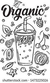 Smoothie in glass bottle with straws on white background