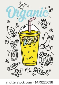 Smoothie in glass bottle with straws on white background