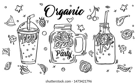 Smoothie in glass and  bottle with straws on white background