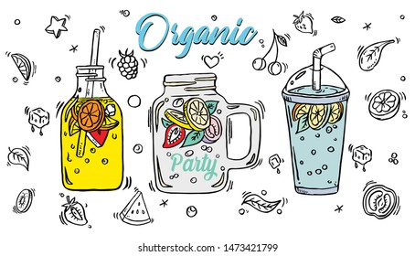 Smoothie in glass and  bottle with straws on white background