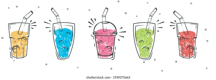 Smoothie in glass bottle with straws. Sketch smoothie. Healthy superfood, glass of fruit and berries smoothies and slised natural fruits hand drawn