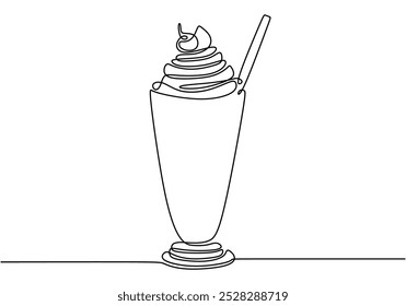 Batido en un dibujo de línea continua de vidrio. Concepto de comida y bebida. Ilustración vectorial minimalista aislada sobre fondo blanco.