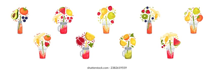 Smoothie in Glass Jar with Straw and Different Ingredients Vector Set