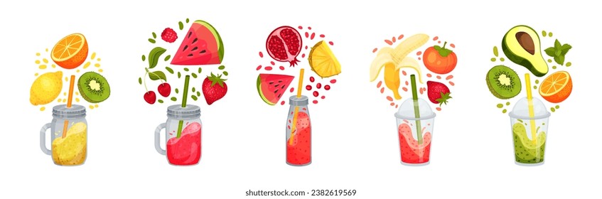 Smoothie in Glass Jar with Straw and Different Ingredients Vector Set