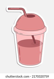 Smoothie glass with straw and lid in doodle style. Hand drawn cartoon icon with stroke. Cartoon vector sticker isolated on white background