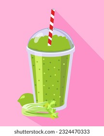 Smoothie  to go healthy juice fresh diet. Organic vegetable shake smoothie. Green fruits and vegetables mix in glass jar. Detox cocktail for healthy dieting. Vector  Image with  long shadow