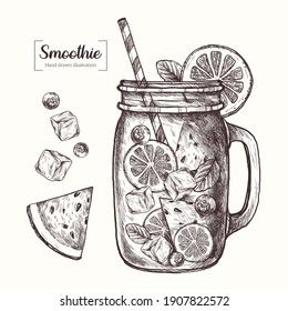 Smoothie in graphic style. Cocktail with watermelon, orange, mint and ice cubes. Vector Hand Drawn in doodle style. Sketch Botanical Illustration. Eco healthy food. 