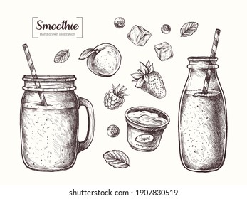 Smoothie in graphic style. Milkshake, strawberries, raspberries, yogurt, peach, blueberry and mint. Vector Hand Drawn in doodle style. Sketch Botanical Illustration. Eco healthy food. 