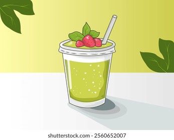 Smoothie with green liquid, avocado, kiwi, spinach, greens. Healthy eating. Refreshing, filling, healthy and dietary drink. Perfect for breakfast.