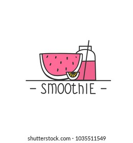 Smoothie - hand drawn brush text badge, sticker, banner, poster with doodle background. Handdrawn lettering for your designs vegetarian restaurant, cafe, bakery menu. 