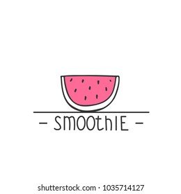 Smoothie - hand drawn brush text badge, sticker, banner, poster with doodle background. Handdrawn lettering for your designs vegetarian restaurant, cafe, bakery menu. 