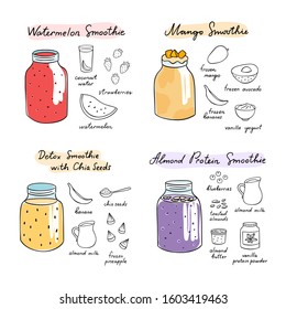 Smoothie hand drawn collection. Vector fruit and vegetables outline drink illustrations. Healthy eating set