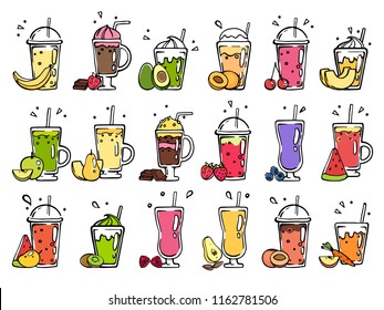 Smoothie hand drawn. Pictures of summer cocktails. Smoothie avocado, plum, banana and chocolate illustration