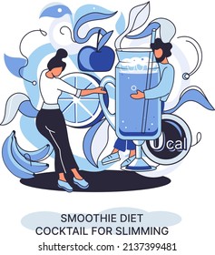 Smoothie as healthy diet cocktail for slimming tiny person concept metaphor. Vegan detox food and drink as organic and vitamin full beverage from straw. Raw ingredient blend nutrition energy and diet