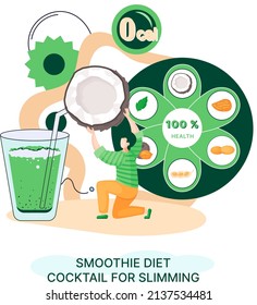Smoothie as healthy diet cocktail for slimming tiny person concept metaphor. Vegan detox food and drink as organic and vitamin full beverage from straw. Raw ingredient blend nutrition energy and diet