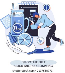 Smoothie as healthy diet cocktail for slimming tiny person concept metaphor. Vegan detox food and drink as organic and vitamin full beverage from straw. Raw ingredient blend nutrition energy and diet