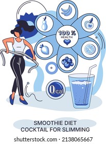 Smoothie as healthy diet cocktail for slimming tiny person concept metaphor. Vegan detox food and drink as organic and vitamin full beverage from straw. Raw ingredient blend nutrition energy and diet