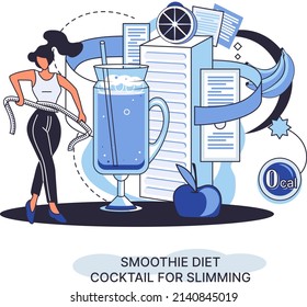 Smoothie as healthy diet cocktail for slimming tiny person concept. Vegan detox food and drink as organic and vitamin full beverage from straw. Raw ingredient blend nutrition for energy and diet