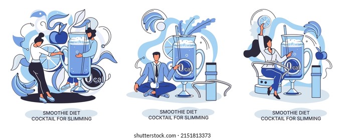 Smoothie as healthy diet cocktail for slimming tiny person concept metaphor. Vegan detox food and drink as organic and vitamin full beverage from straw. Raw ingredient blend nutrition energy and diet