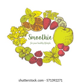 Smoothie. Herb, Spices and Fruits. Sketches of vegan food for cooking cards, stickers, labels, tags and packaging. Healthy Lifestyle. Vector hand drawn illustration .