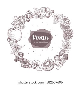 Smoothie. Herb, Spices and Fruits. Sketches of vegan food for cooking cards, stickers, labels, tags and packaging. Healthy Lifestyle. Vector hand drawn illustration .