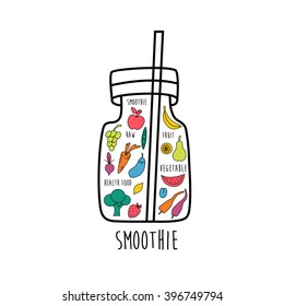 Smoothie illustration. Fruit, vegetable, fish icons. Health, raw food.