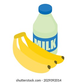 Icono de ingrediente liso vector isométrico. Leche de botella fresca y pandillas de plátano. Suavizado de plátano, batido de leche