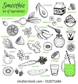 Smoothie ingredients hand drawn. Fruit and vegetables doodle. Vector illustration for greeting cards, magazine, cafe and restaurant menu. Fresh beverage for healthy life, diets.