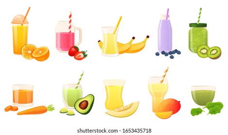 Smoothie isolated on white, set of glasses with fresh juice, fruit and vegetable drink, vector illustration. Summer cafe menu, refreshing beverage from juicy berries. Healthy organic smoothie in glass