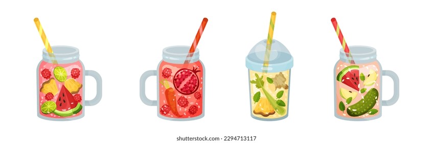 Smoothie in Jar with Different Ingredients Mixing Together Vector Set