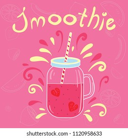 The smoothie jar is drawn on a bright pink background. Top inscription: smoothie