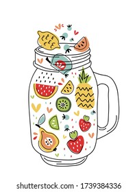 Smoothie jar hand drawn concept isolated on a white background. Vector healthy drink sketch. Fresh products, farm market, natural, local, organic fresh fruits. 