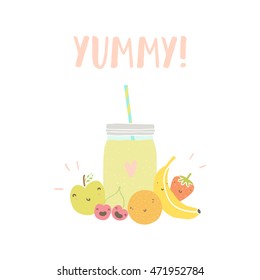 Smoothie jar and happy fruits. Vector hand drawn illustration