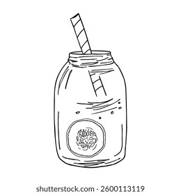 A smoothie jar with a straw and cucumber water in a glass. Vector illustration of a healthy detox drink in the doodle style. A glass container for drinks and cocktails.