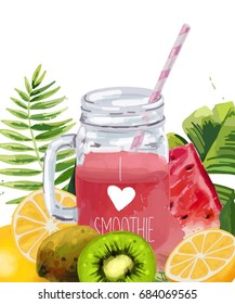 Smoothie jar with tropical leaf, watermelon, kiwi and oranges.