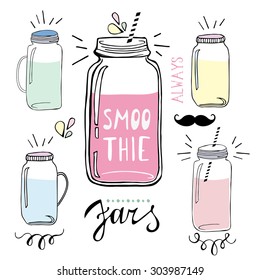 Smoothie jars set. Hand drawn sketch illustration. 