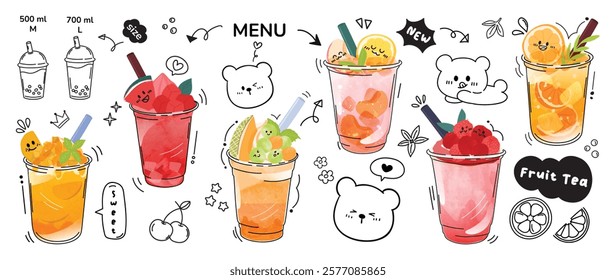 Smoothie and juice beverage with cute doodle decoration. Punch, lemon, watermelon, orange juice in glasses. Vector illustration blended coffee for logo, promotion, marketing, banner, ads.